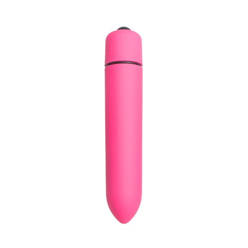 Zylindrischer Vibrator in Pink. Mit abgerundeter Spitze und Bedienknopf am oberen Ende.