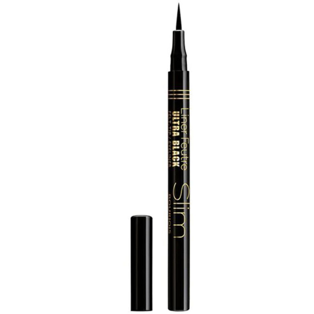 Schwarzer Eyeliner-Stift mit abgenommener Kappe. Aufschrift "Liner Feutre Ultra Black Slim".