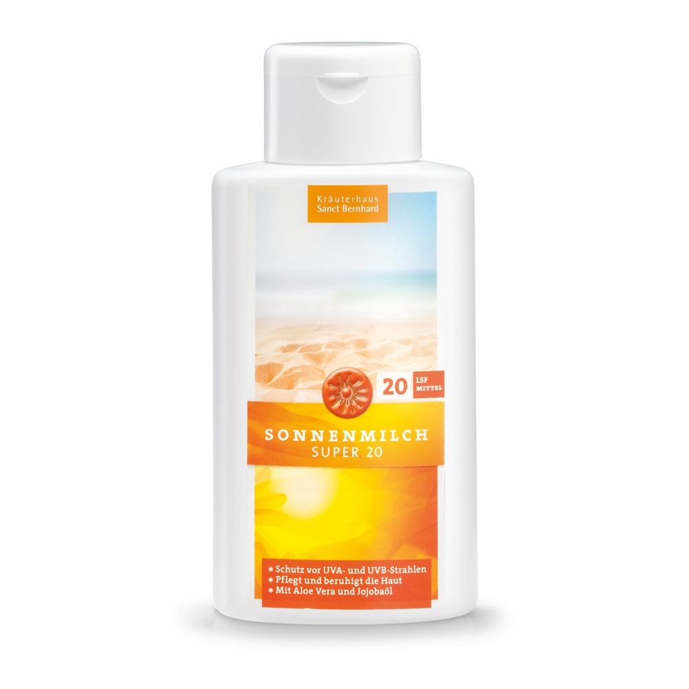 Textdokument mit Produktinformationen. Enthält Inhaltsstoffe, Anwendungshinweise und Herstellerdetails. Produktname: Super 20 Sonnenschutzmilch.