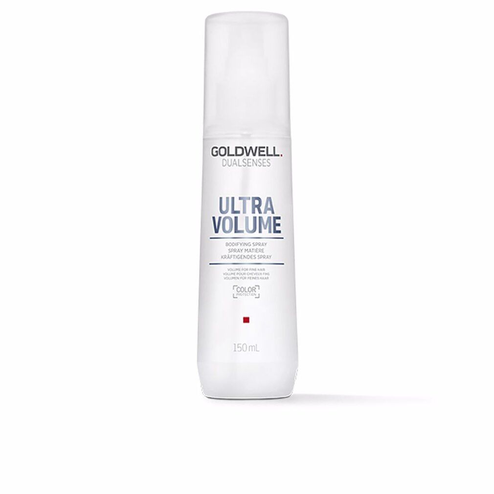 Weißes Spray mit Sprühkopf. Text: Goldwell Dualsenses, Ultra Volume, Bodifying Spray.