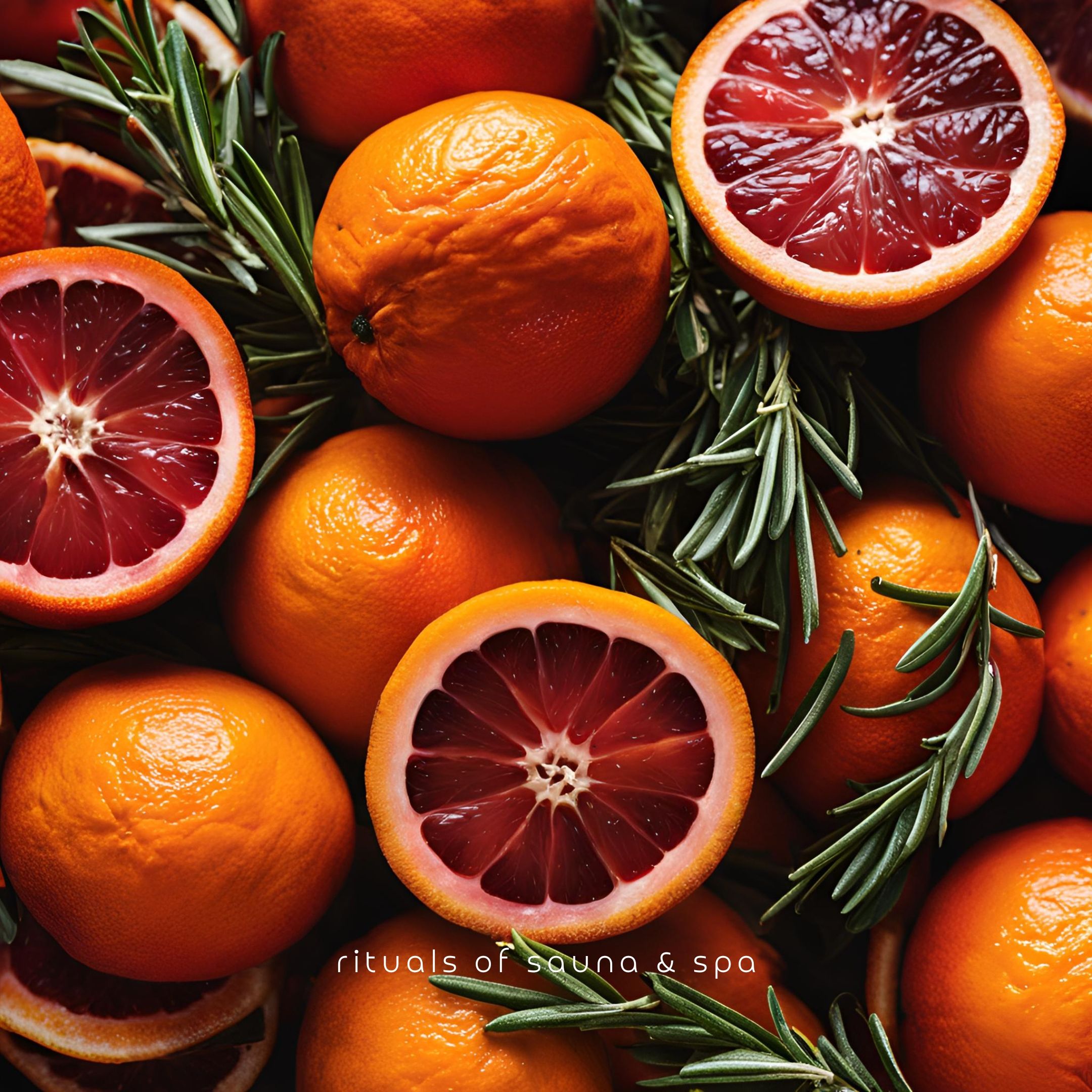 Blutorangen, halbiert und ganz, mit Rosmarinzweigen. Einige Orangen sind angeschnitten, das Fruchtfleisch ist sichtbar.