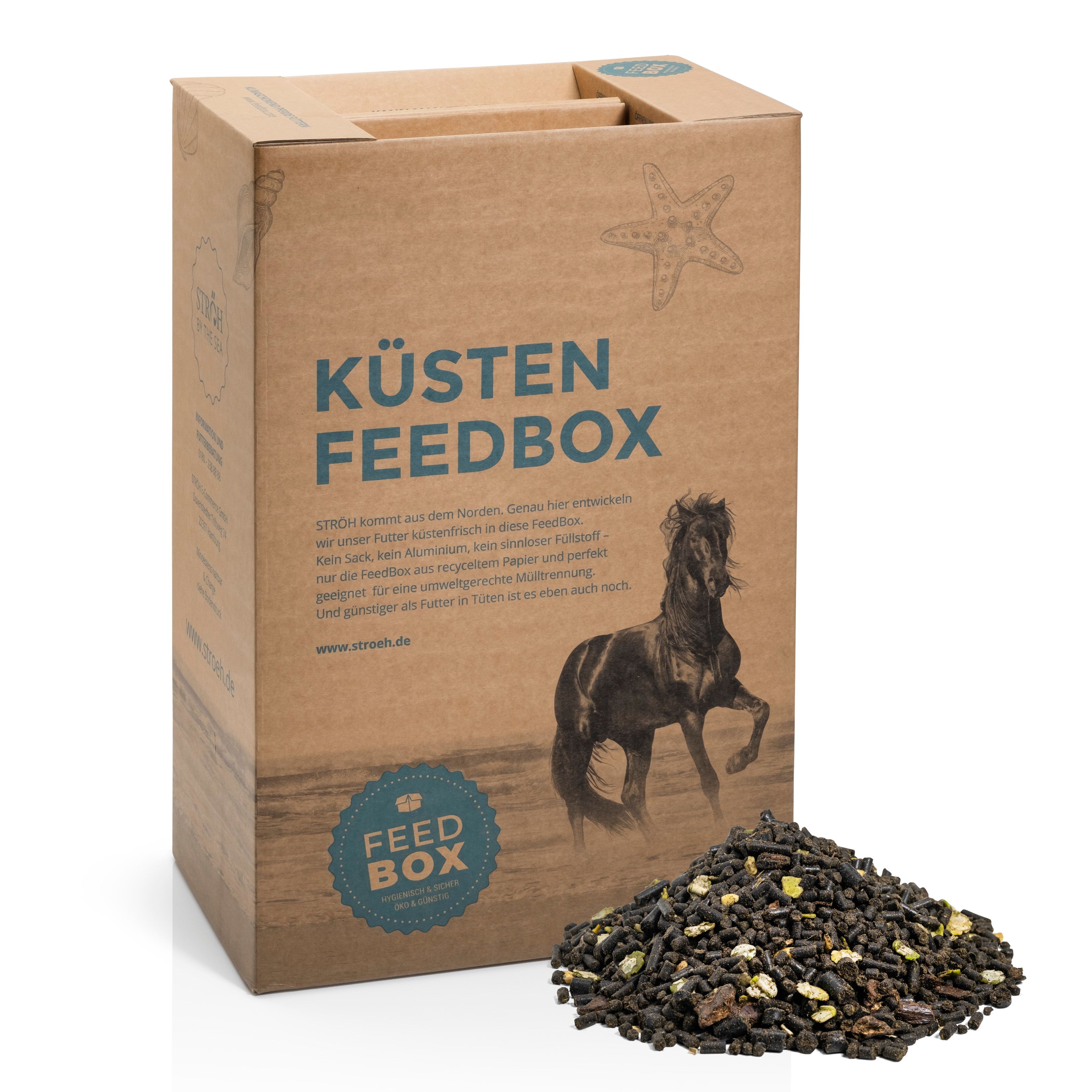 Kartonbox mit Aufdruck "KÜSTEN FEEDBOX" und Pferde-Illustration. Daneben ein Haufen Müsli.