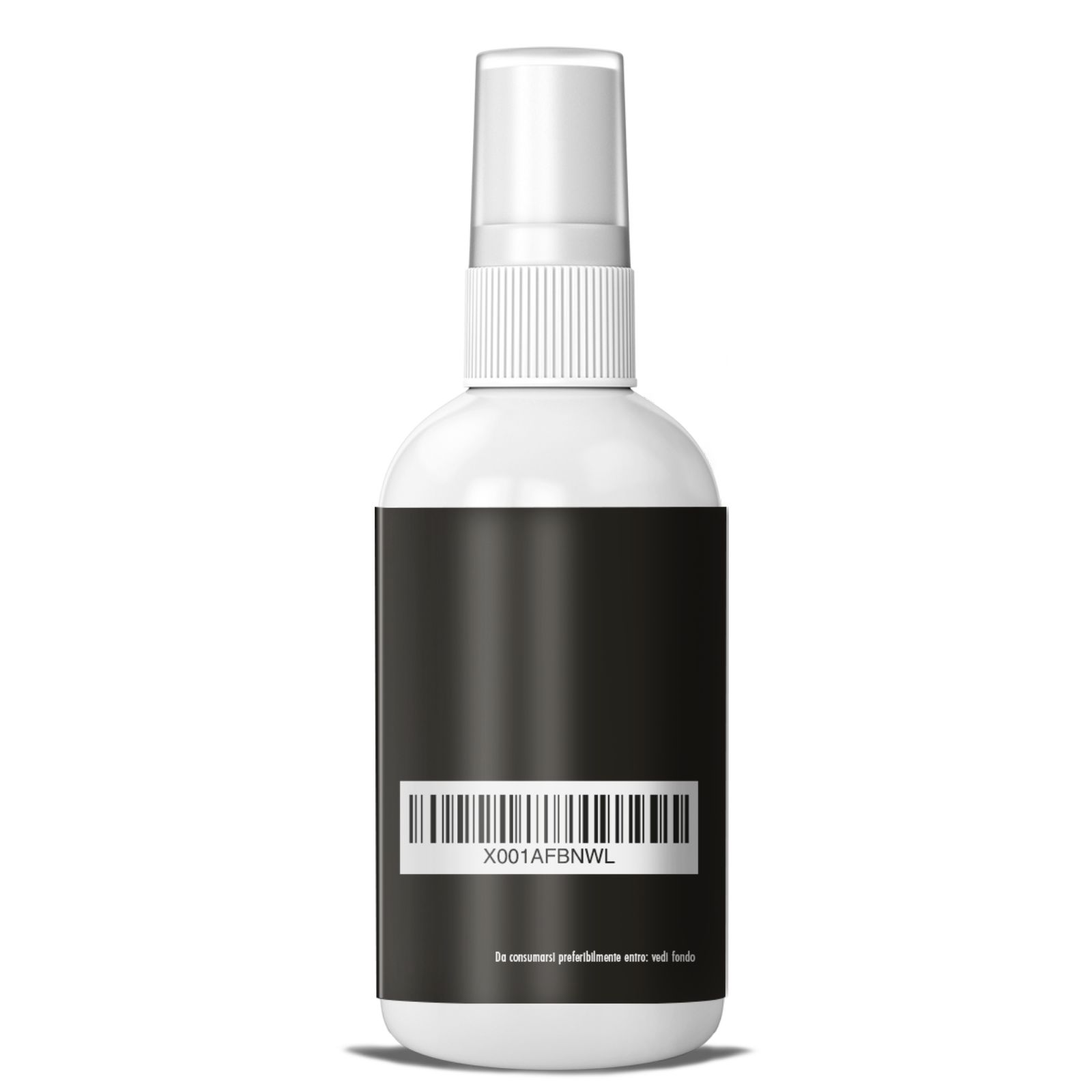 Weißes Fläschchen mit Sprühkopf. Schwarzer Aufkleber mit Barcode und Text. Text in niederländischer Sprache.