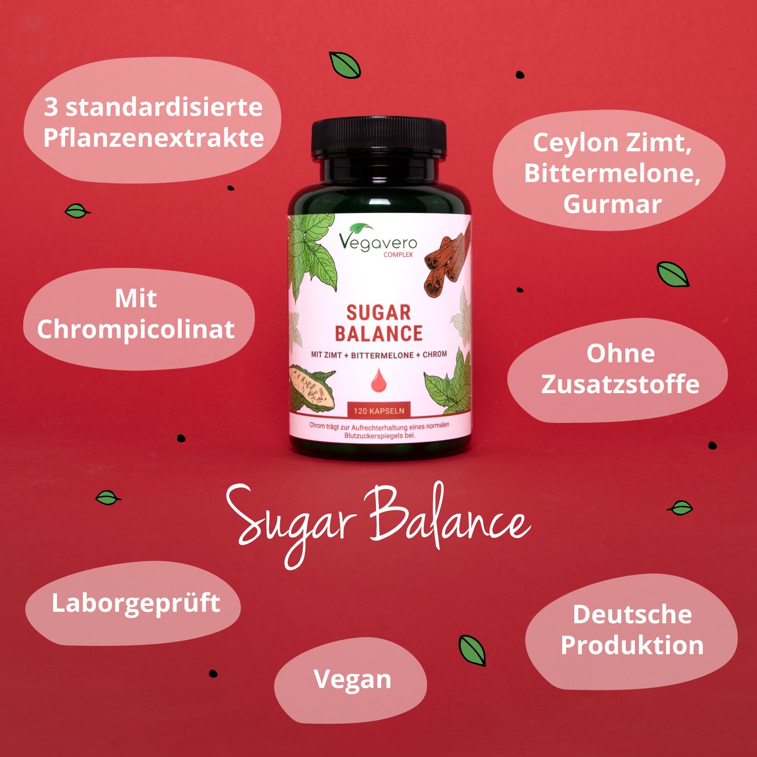 Rote Grafik mit Flasche Sugar Balance. Text: 3 standardisierte Pflanzenextrakte, ohne Zusatzstoffe, vegan.