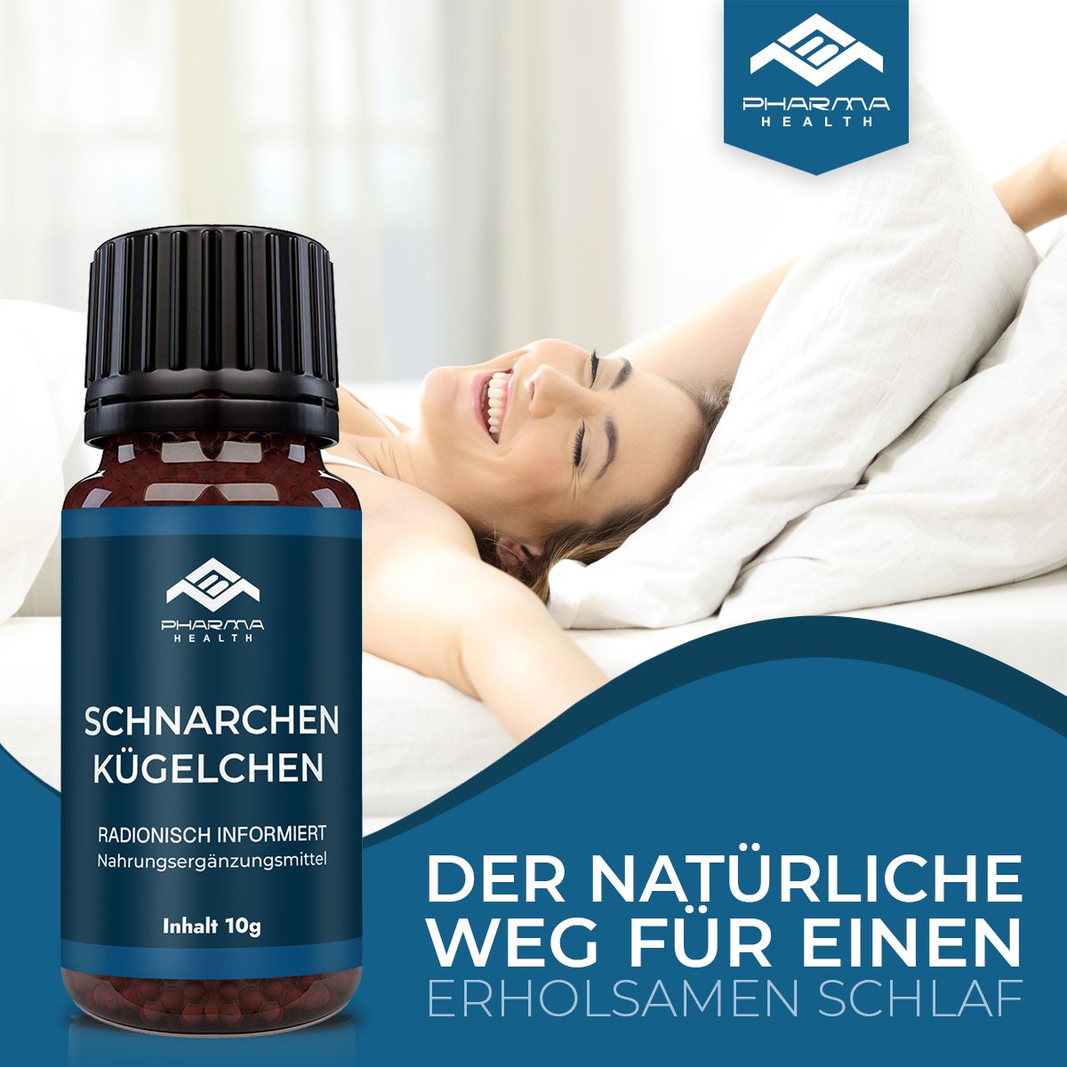 Produktflasche vor dem Hintergrund einer lächelnden Person im Bett. Text: Der natürliche Weg für einen erholsamen Schlaf.