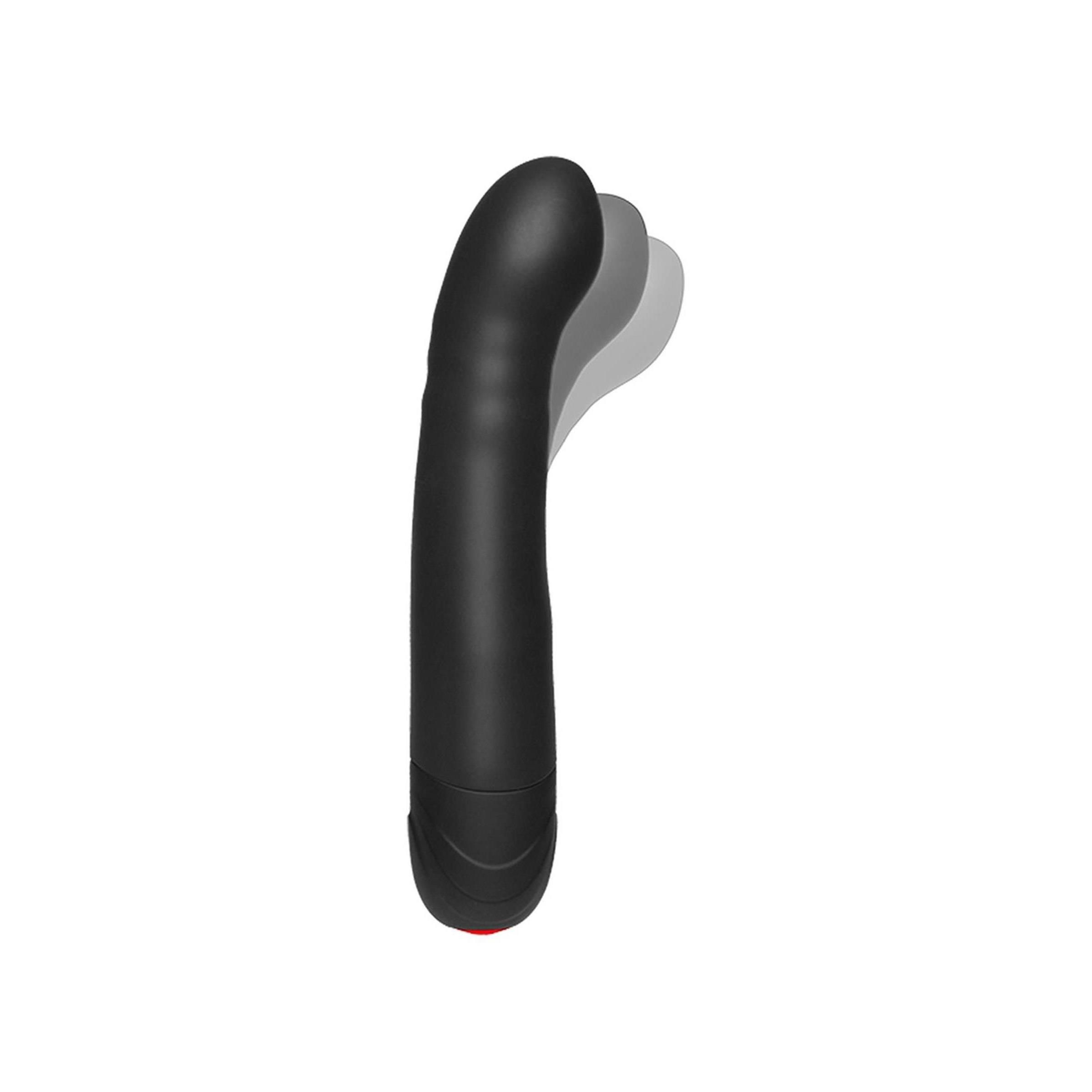 Schwarzes, gebogenes Massagegerät. Sichtbare Merkmale: abgerundete Spitze, roter Knopf am Ende.