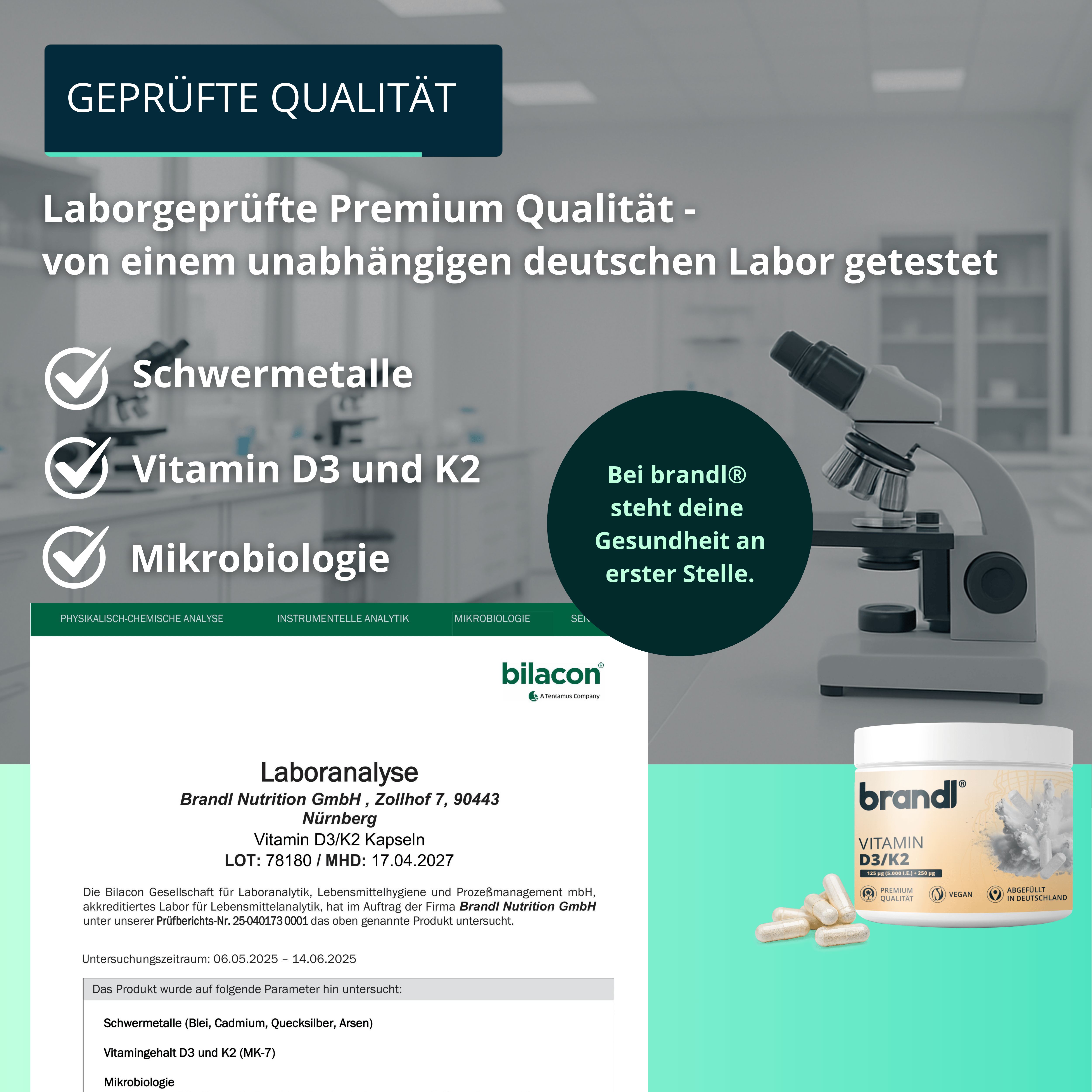 Laborgeprüfte Premium Qualität. Schweremetalle, Vitamin D3 und K2, Mikrobiologie. Laboranalyse. Zertifiziert.