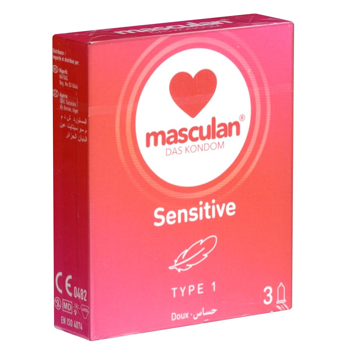 Verpackung von Kondomen. Marke: Masculan. Aufschrift: Sensitive, Typ 1. Mit Herz-Symbol und Feder-Symbol. 30 Stück.