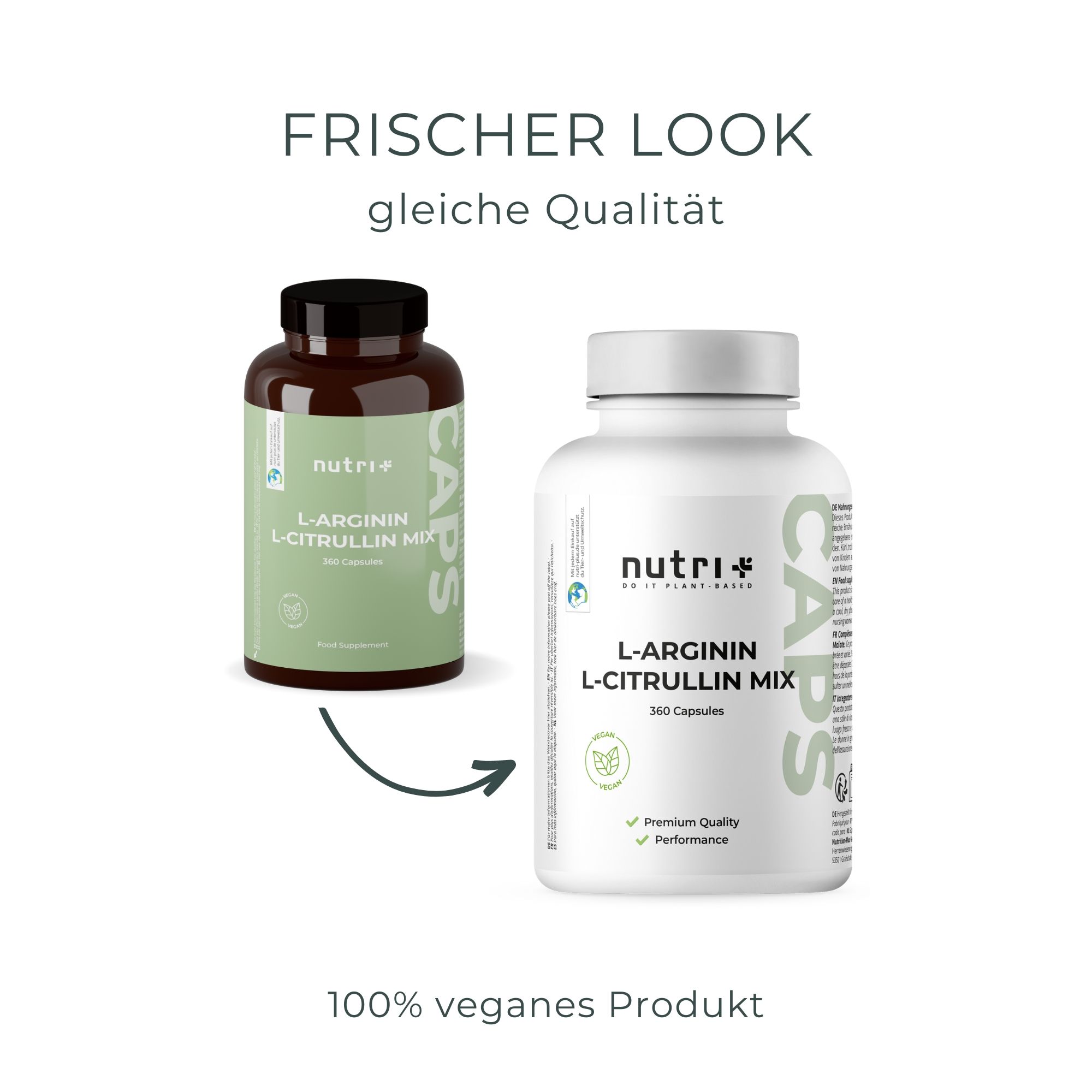 Vergleich: Braune Flasche vs. weiße Flasche. Aufschrift: L-Arginin L-Citrullin Mix, 360 Kapseln. 100% veganes Produkt.