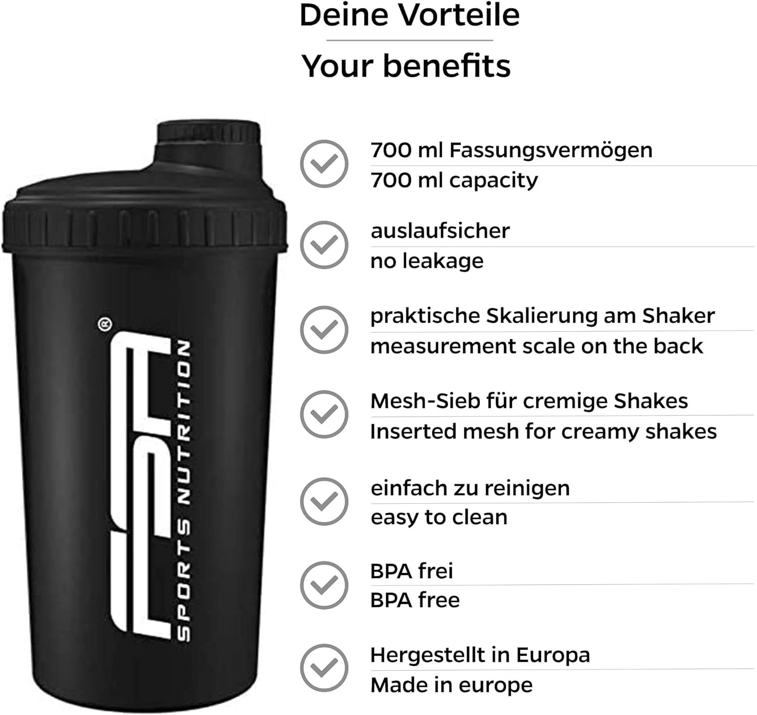 Schwarzer Protein-Shaker mit Text: 700 ml Fassungsvermögen, auslaufsicher, praktische Skalierung, Mesh-Sieb, BPA-frei.