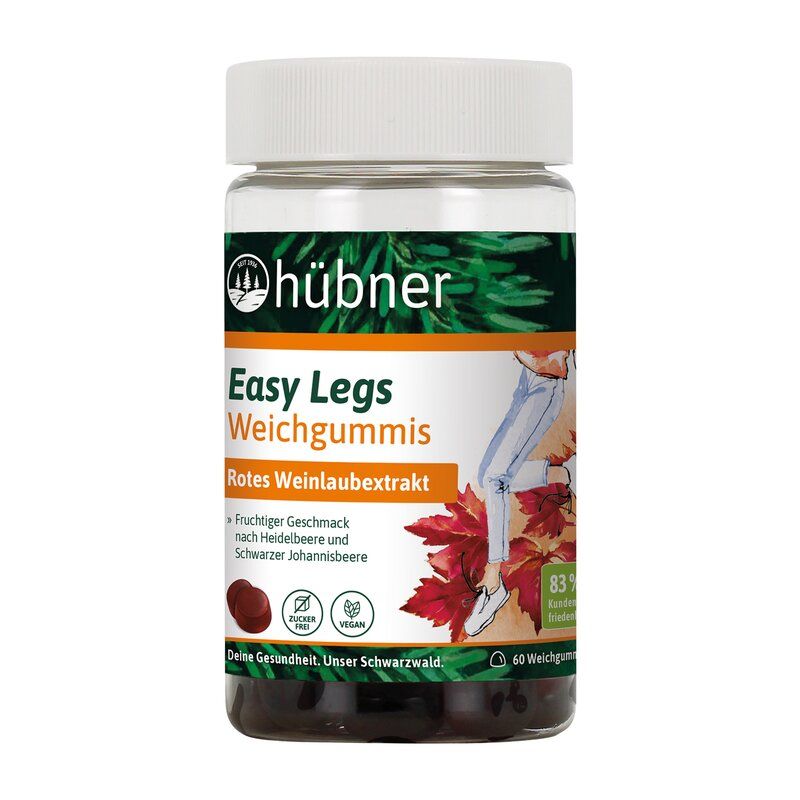 Glas mit Hübner Easy Legs Weichgummis. Rotes Weinlaubextrakt. Vegan. 60 Stück. Aufschrift: Deine Gesundheit. Unser Schwarzwald.