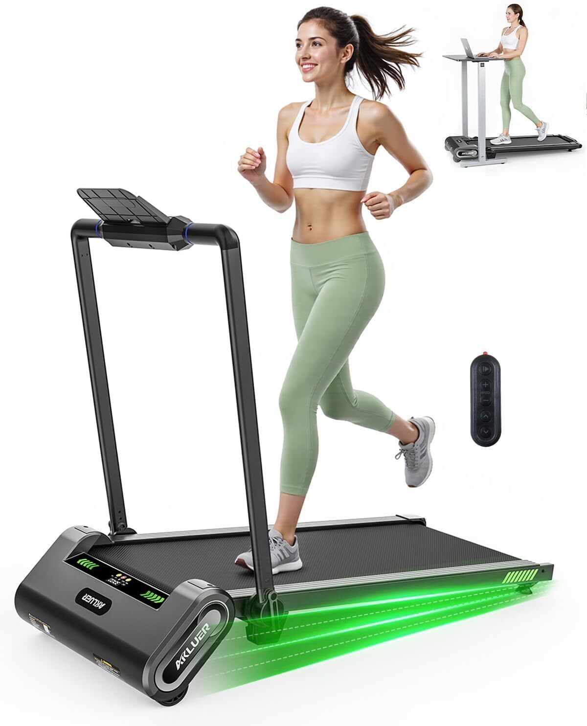 Gehband mit automatischem Neigungswinkel und Fernbedienung. Person rennt darauf. Grün leuchtende Linie. Fernbedienung.