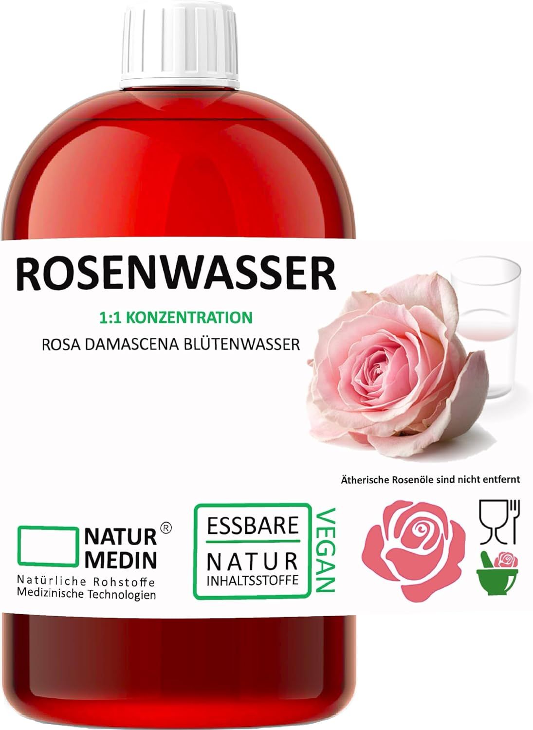 Rote Flüssigkeit in einer Flasche mit weißem Verschluss. Beschriftung: Rosenwasser, 1:1 Konzentration, Rosa Damascena Blütenwasser. Vegan. Mit Rose.