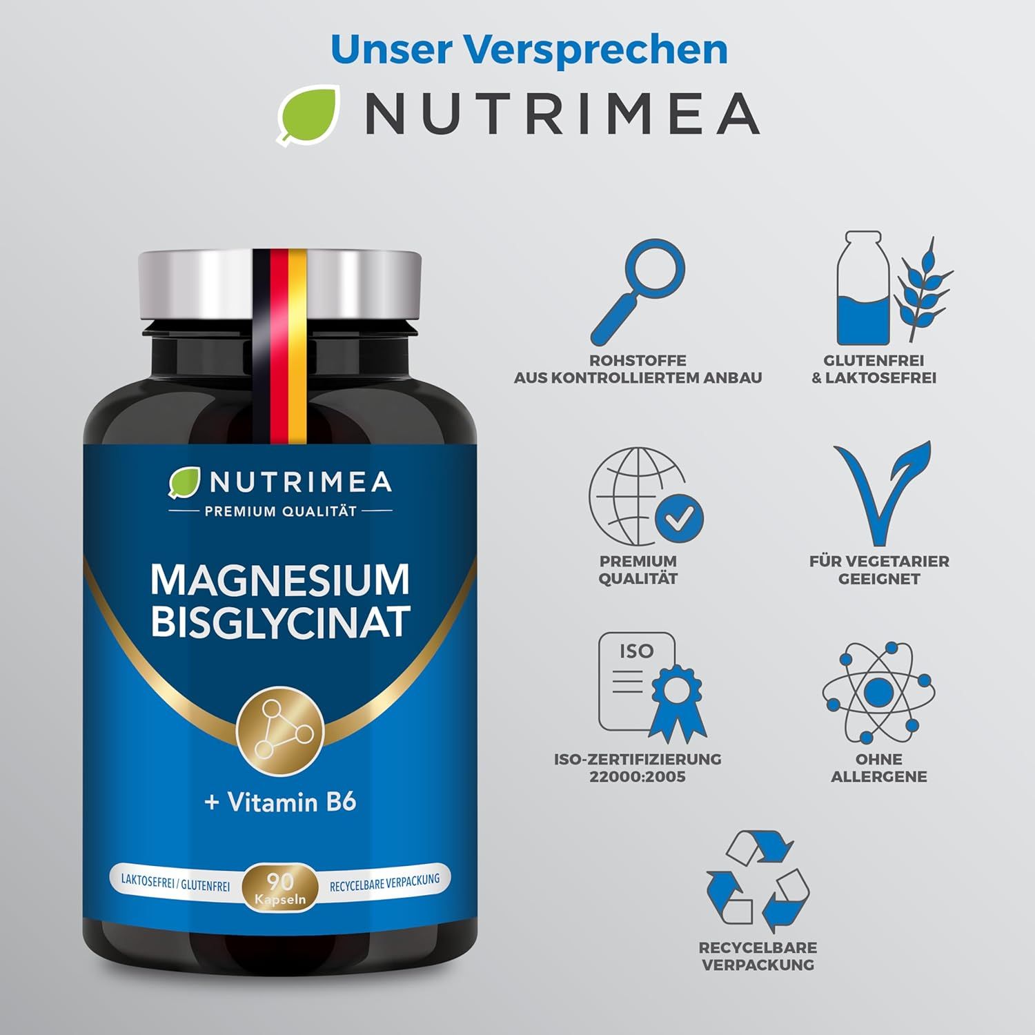 Flasche Magnesium Bisglycinat + Vitamin B6. Text: Premium Qualität, glutenfrei, laktosefrei, für Vegetarier geeignet, ohne Allergene.