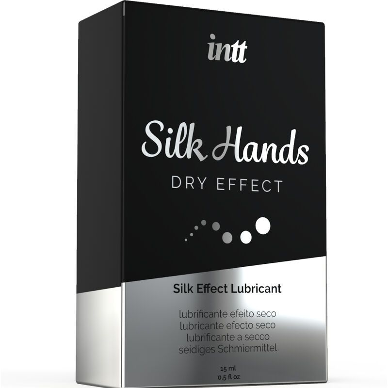 Schwarze Schachtel mit silberner Schrift. Aufschrift: intt Silk Hands DRY EFFECT. Untertitel: Silk Effect Lubricant. 15 ml.