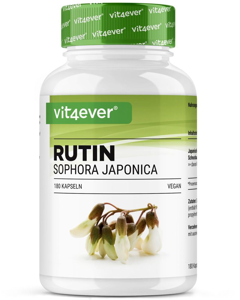 Weiße Flasche mit grünem Deckel und Etikett. Aufschrift: Rutin, Sophora Japonica, 180 Kapseln. Abbildung von Blüten.
