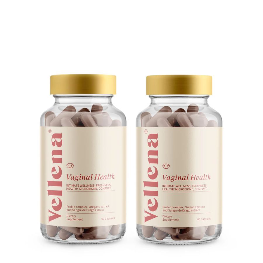 Zwei Flaschen mit Kapseln. Aufschrift: Vellena Vaginal Health. Produktinformationen auf dem Etikett.