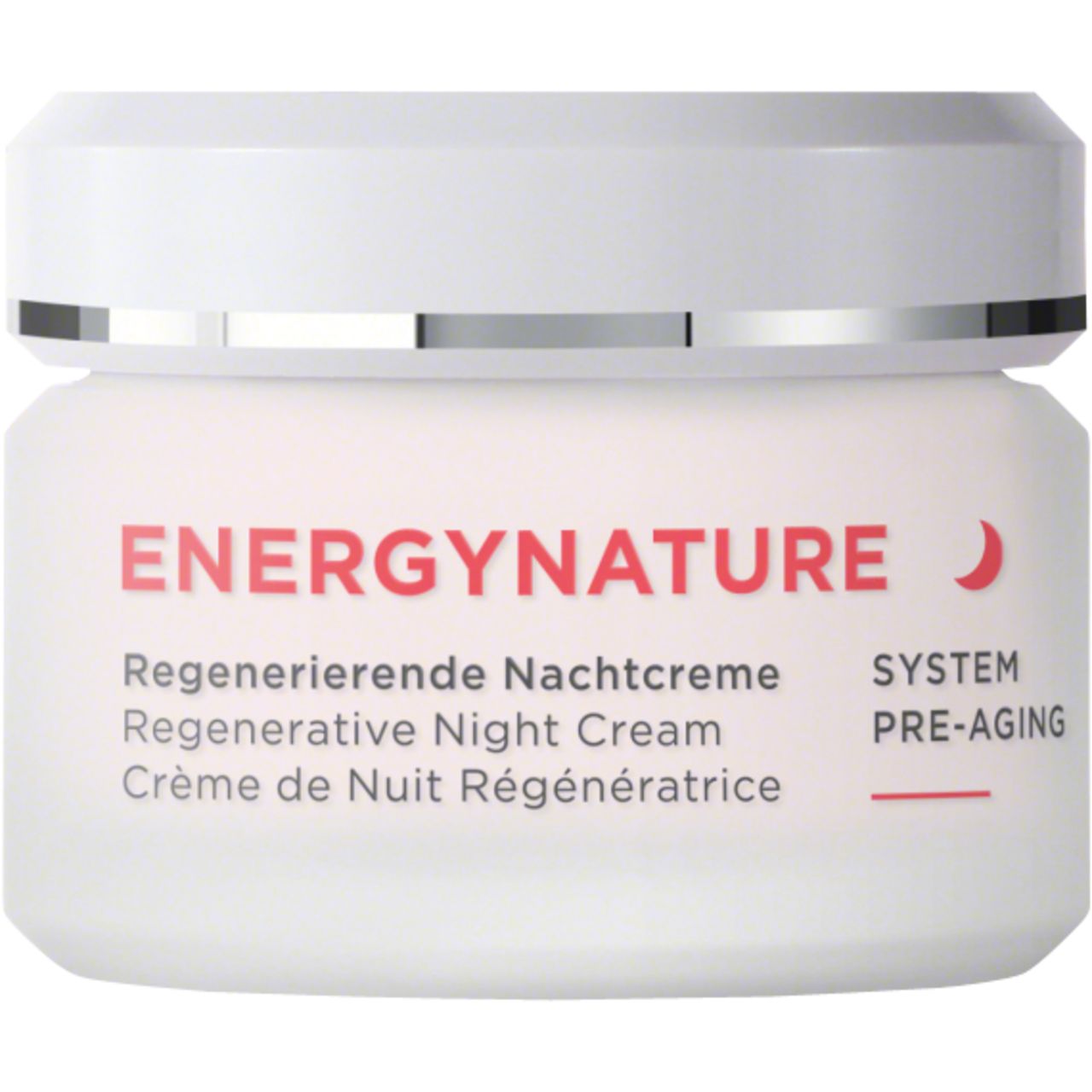 Creme-Tiegel mit weißem Deckel. Aufschrift ENERGYNATURE. Regenerierende Nachtcreme. SYSTEM PRE-AGING.