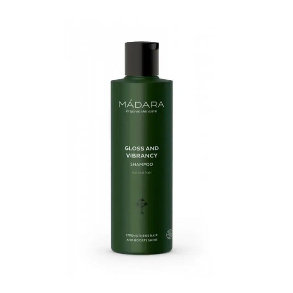 Grüne Shampoo-Flasche mit schwarzem Deckel. Aufschrift: MÁDARA, Gloss and Vibrancy Shampoo, für normales Haar. Mit Logo.