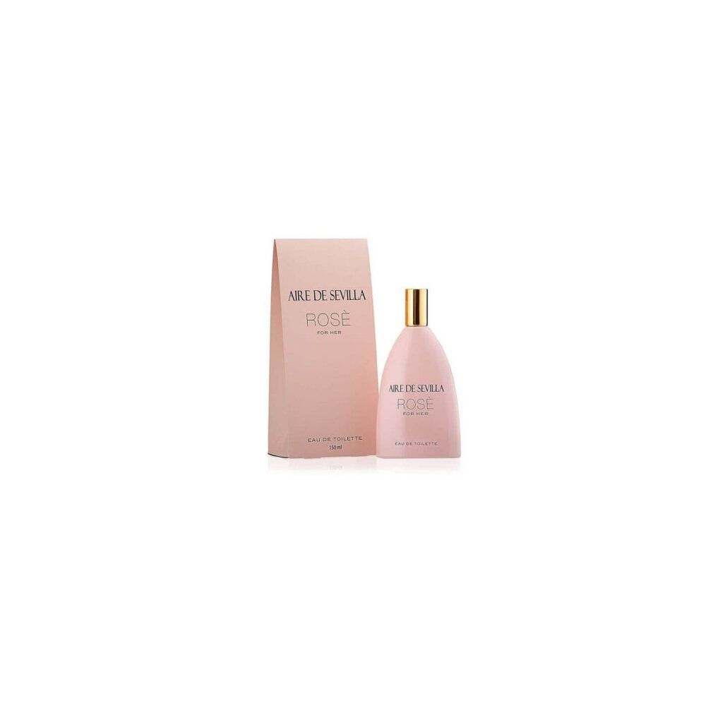 Flacone e scatola rosa. Scritta: Aire de Sevilla Rosé For Her Eau de Toilette. Flacone con tappo dorato.
