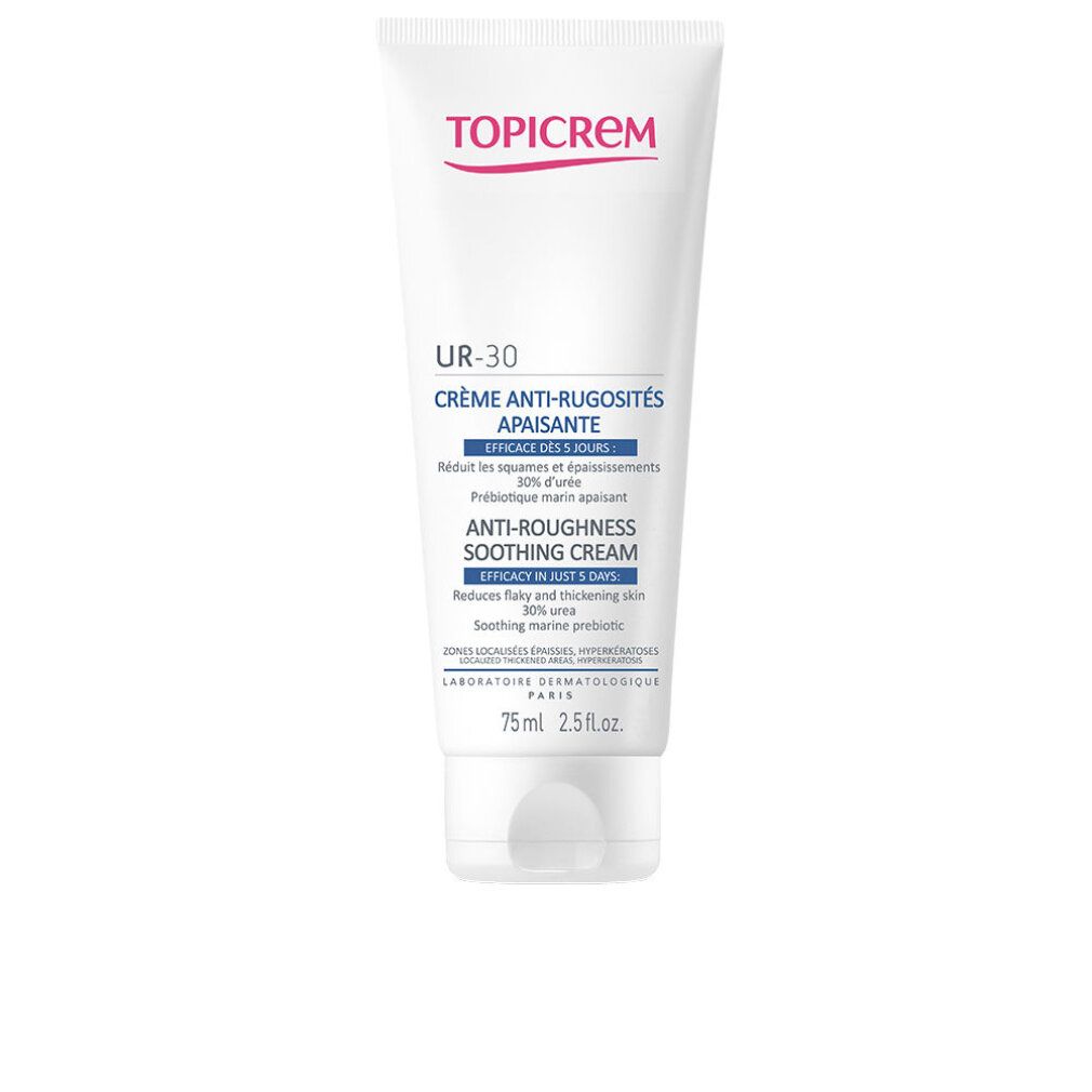 Weiße Tube mit roter und blauer Schrift. Oben steht "TOPICREM". Darunter "UR-30 CRÈME ANTI-RUGOSITÉS APAISANTE".