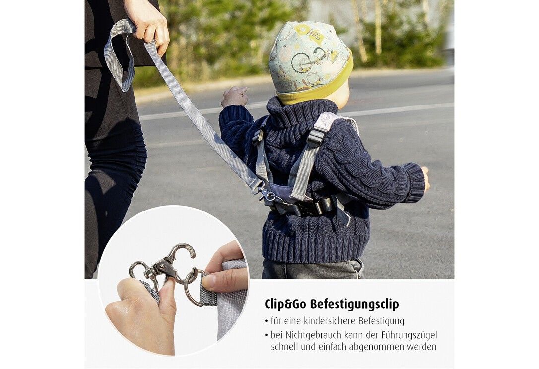 Kindersicherheitsgurt mit Leine und Befestigungsclip, grau.