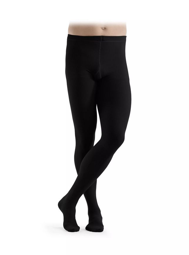 Schwarze Kompressionsstrumpfhose. Blick von vorne. Glatte Oberfläche. Hoher Bund.