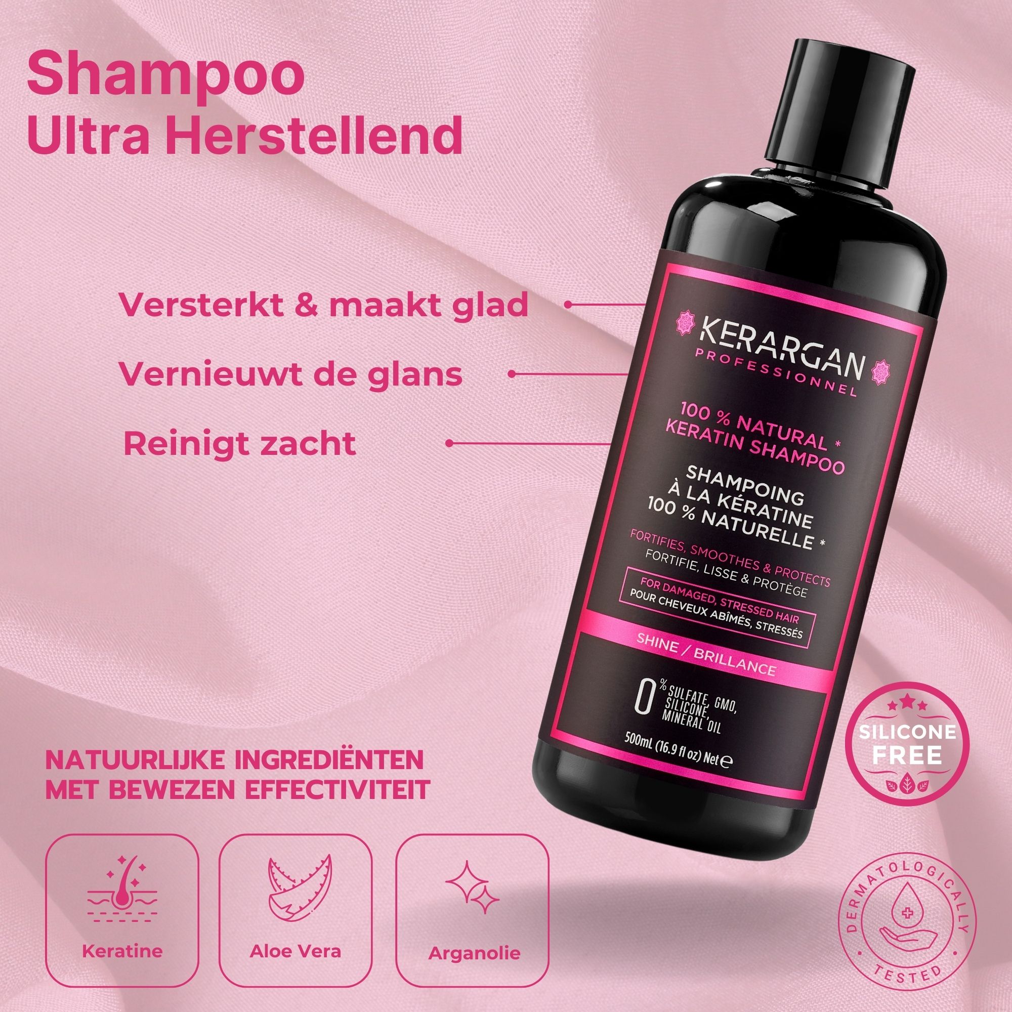 Zwarte fles. Kerargan Shampoo. 100% Natural Keratin. Tekst: Versterkt, verzacht & beschermt. Zonder siliconen.