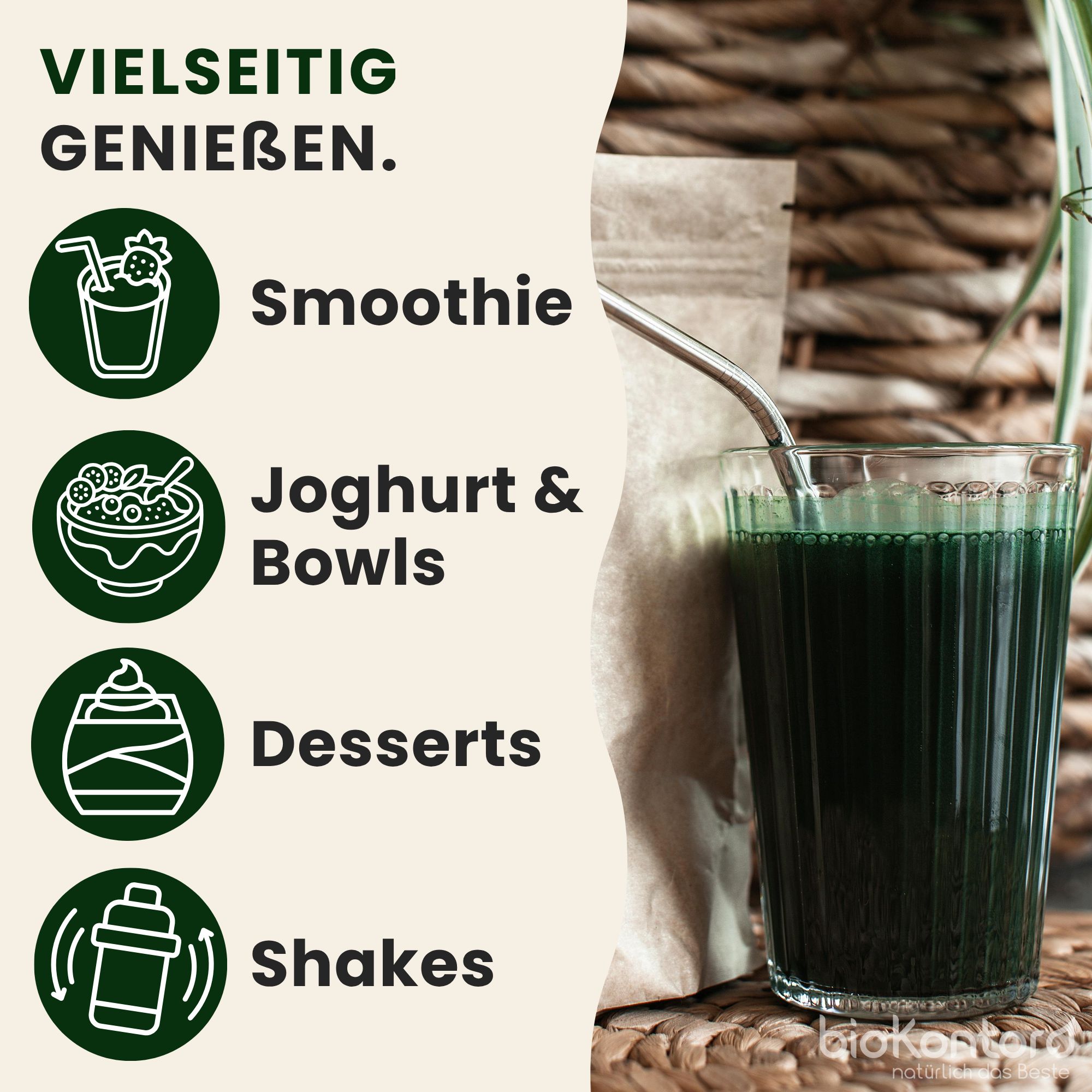 Vielseitige Zubereitung von Spirulinapulver: Smoothie, Joghurt, Bowls, Desserts, Shakes.