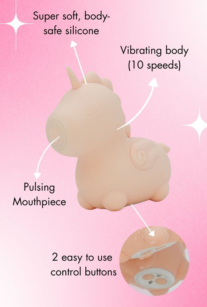 Rosa Einhorn-Vibrator mit Beschriftungen. Beschriftungen: Superweiches, körpersicheres Silikon, pulsierendes Mundstück, 2 Knöpfe, Vibrationskörper.
