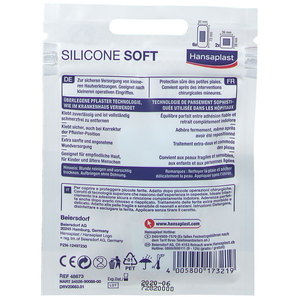 Hansaplast Silicone Soft Strips 30 x 72 mm & 39 x  39 mm