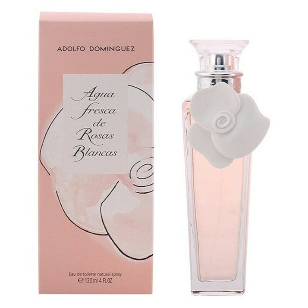 Rosa-Parfümflasche und -Verpackung mit weißer Blüte. Flasche mit transparentem Verschluss, rosa Flüssigkeit. Verpackung mit Text.