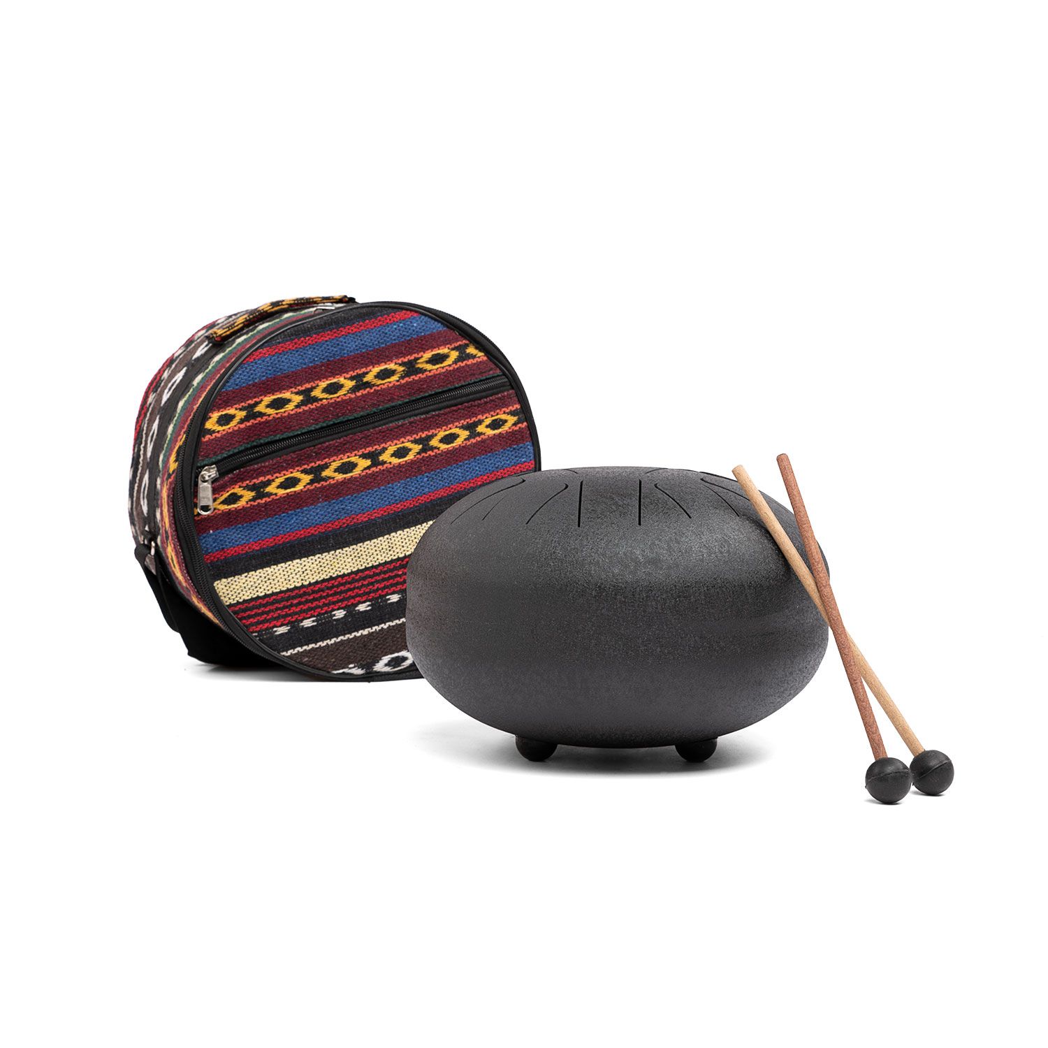 Hapi Drum, BW-Tasche und Gummiklöppel. Tasche mit Reißverschluss. Runde Form, mattschwarz.