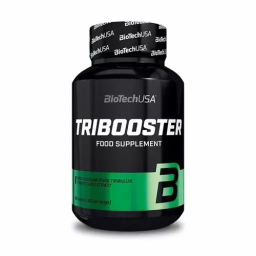 Schwarze Flasche mit "BioTechUSA Tribooster Food Supplement". Grünes Etikett mit Text und "B".