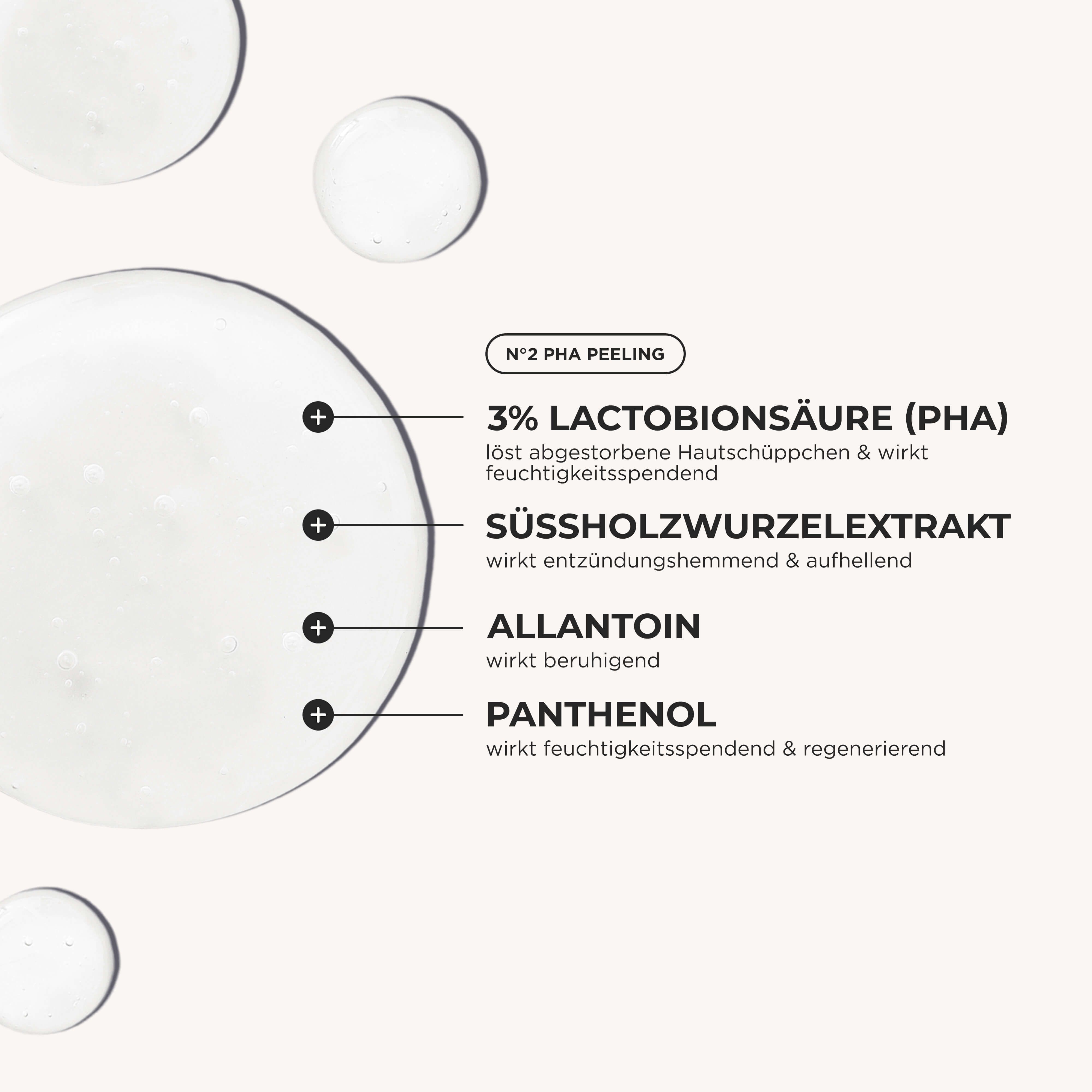 Nahaufnahme von Tropfen. Text: 3% Lactobionsäure (PHA), Süßholzwurzelextrakt, Allantoin, Panthenol. N°2 PHA PEELING.