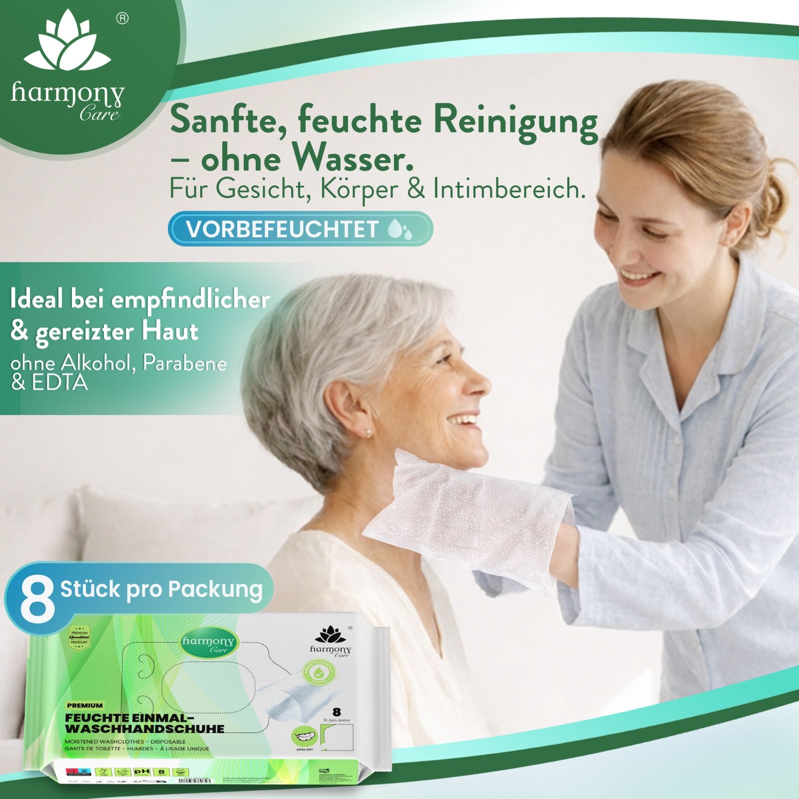 Harmony Care® -Feuchte Einmal Waschhandschuhe aus Spunlaced, Einmalwaschlappen für Erwachsene & Baby