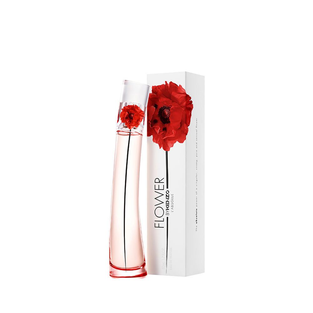 Parfümflasche und Verpackung. Flasche mit roter Blüte, Verpackung mit roter Blüte und Schriftzug FLOWER by KENZO L'Absolue.