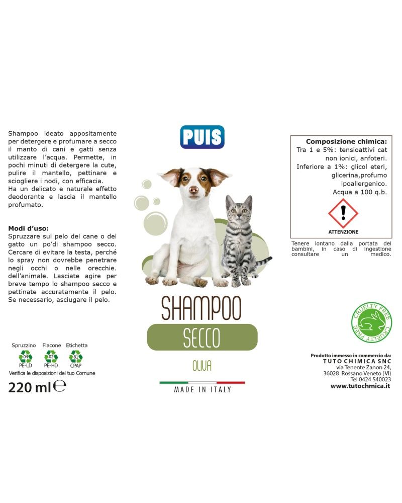 Shampoo secco Puis per cani e gatti, profumo di oliva ipoallergenico. L'etichetta mostra un cane e un gatto. Il testo "Shampoo Secco" e "Oliva" sono visibili. La bottiglia contiene 220 ml e riporta "Made in Italy".