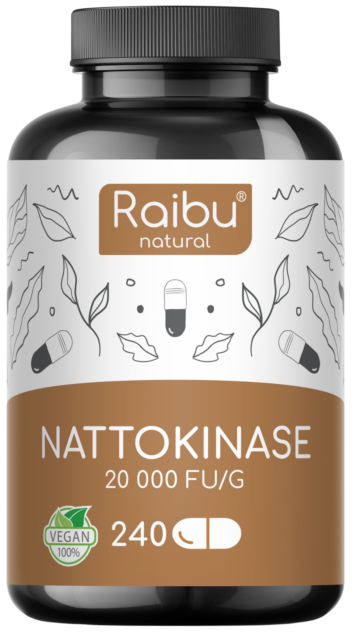 Braune Flasche mit schwarzem Deckel. Aufschrift: Raibu natural, Nattokinase 20 000 FU/G, 240 Kapseln. Vegan-Siegel.