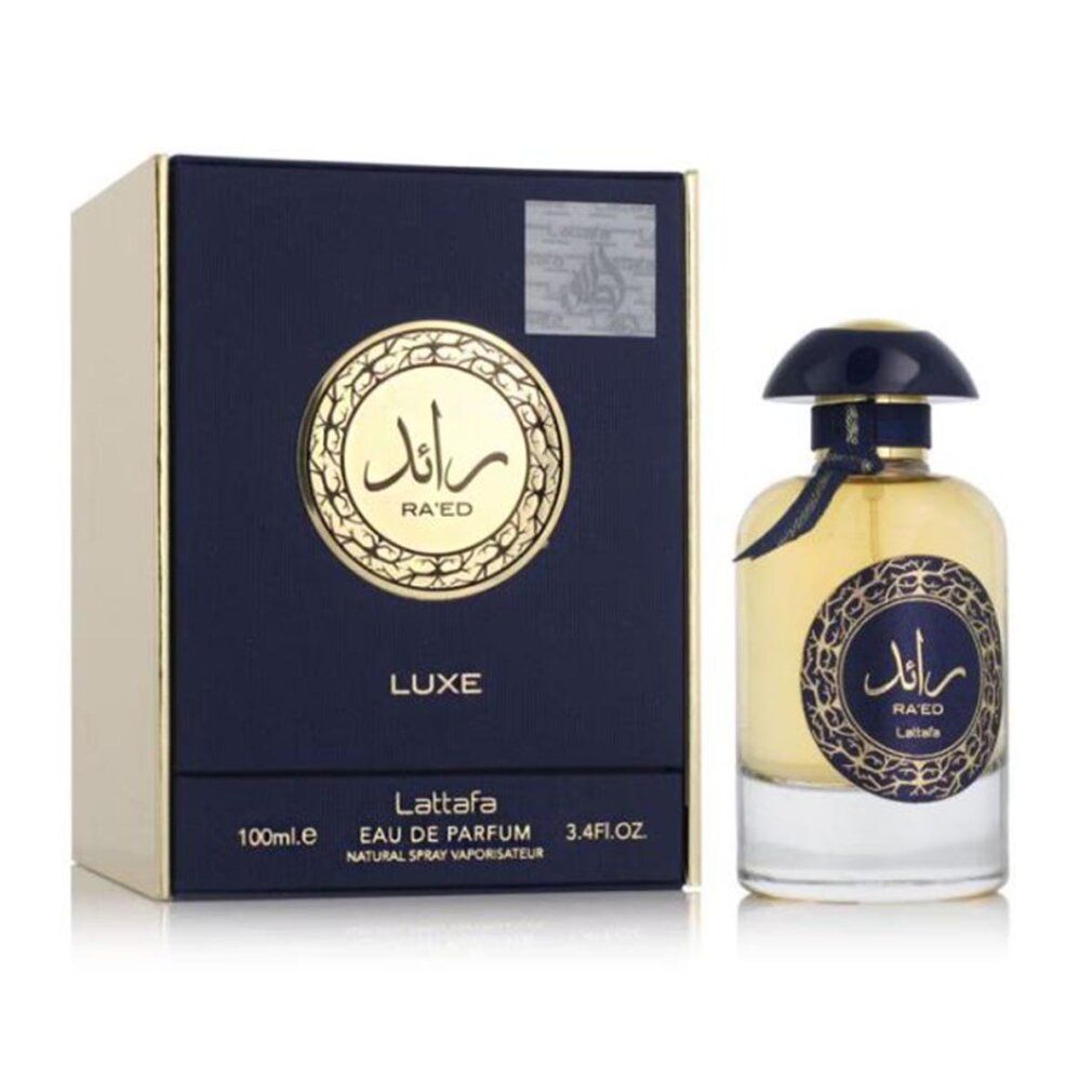 Parfümflasche mit blauer Verpackung. Auf der Verpackung steht "Luxe" und "100ml". Auf der Flasche steht "Ra'ed Lattafa".