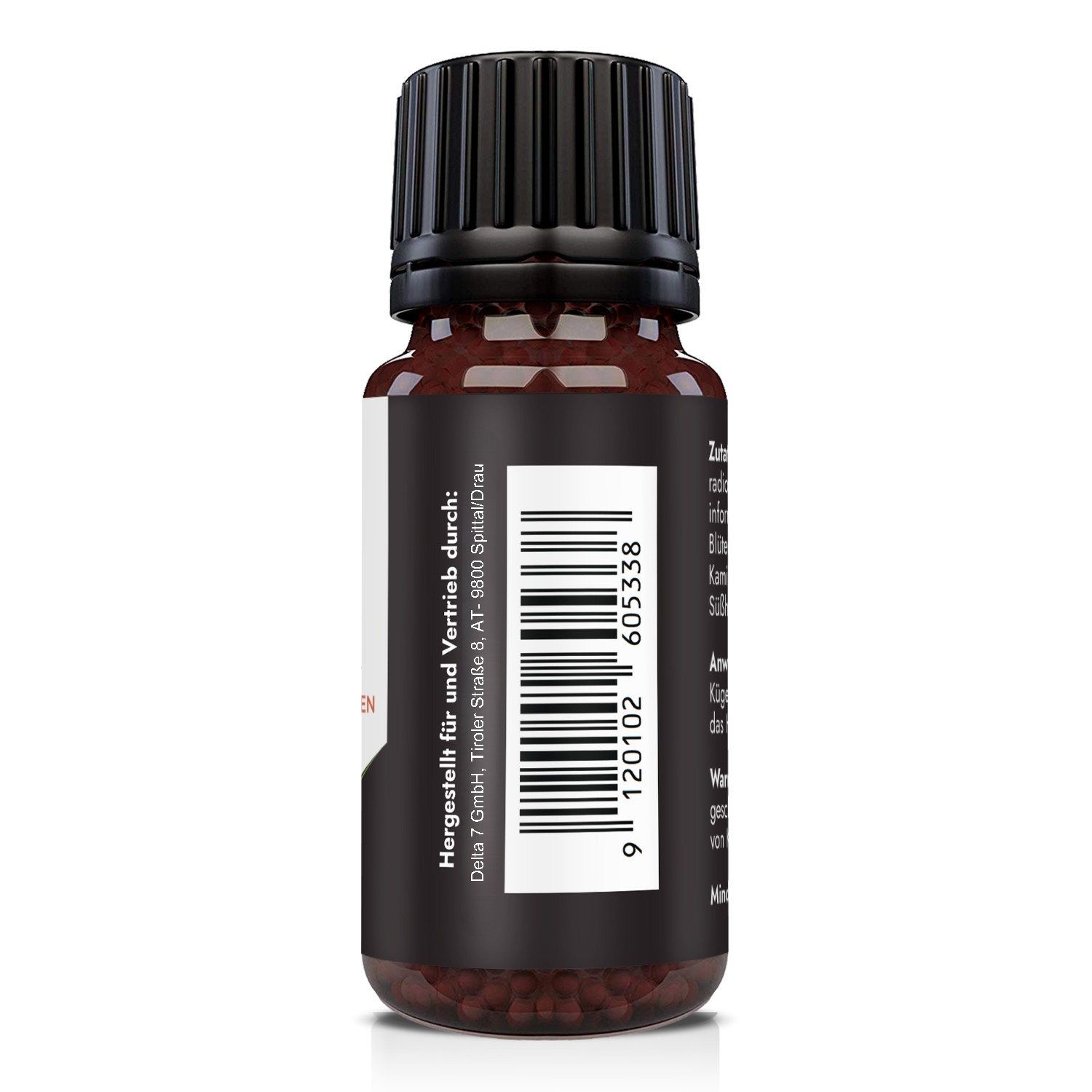 Braune Glasflasche mit schwarzem Deckel. Rückseite mit Text und Barcode. Herstellerinformationen.