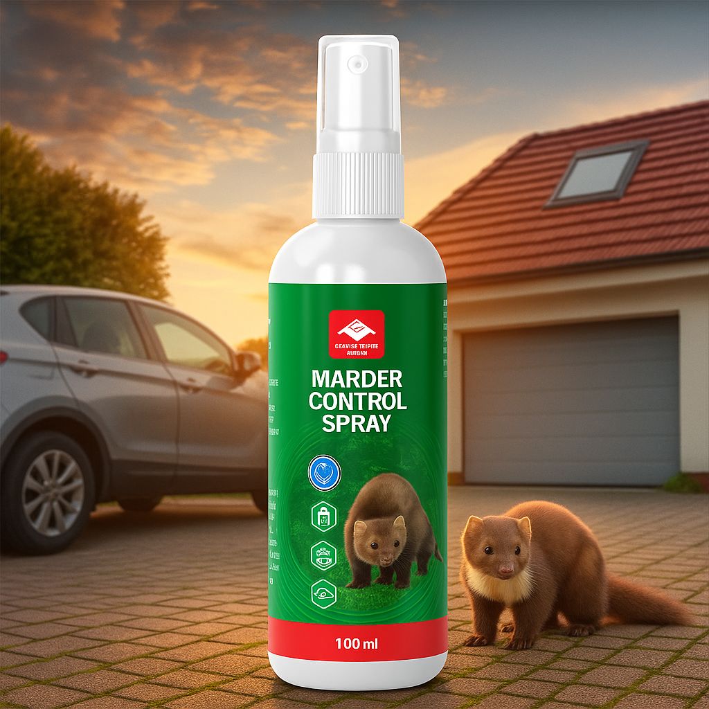 Sprühflasche mit grünem Etikett, Marder Control Spray. Marder-Illustration. Haus, Auto und Marder im Hintergrund. 100 ml.