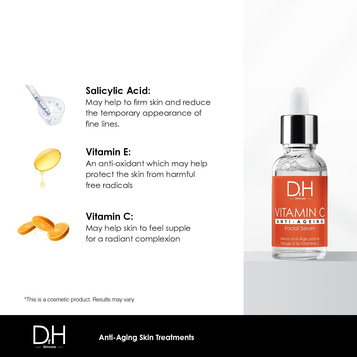 Produktflasche mit Pipette. Text: Salicylsäure, Vitamin E, Vitamin C. Hilft bei Hautfestigkeit, Antioxidans, strahlendem Teint.