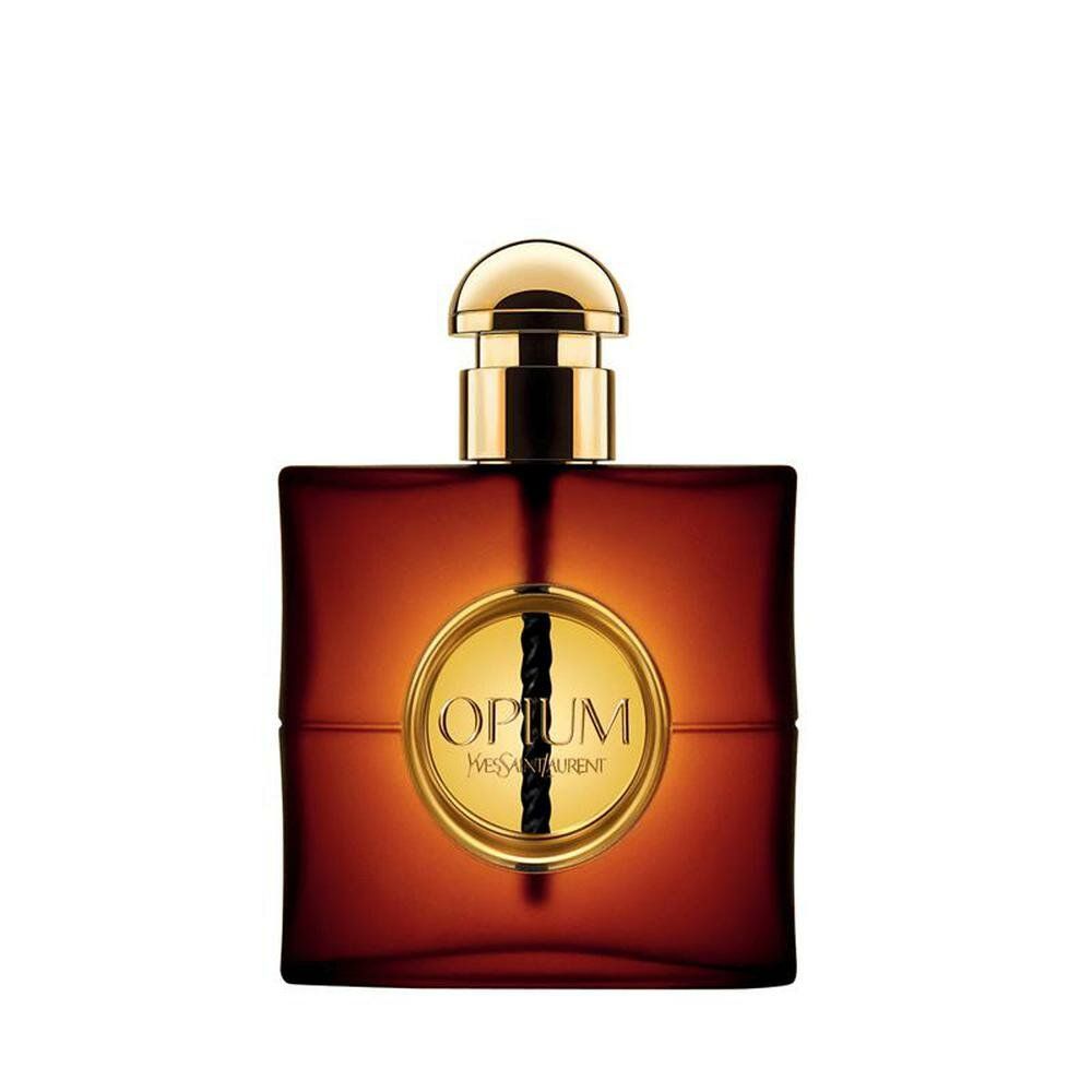 Dunkelroter Flakon mit goldenem Verschluss. Aufkleber mit "Opium" und "Yves Saint Laurent". Schwarze Kordel.