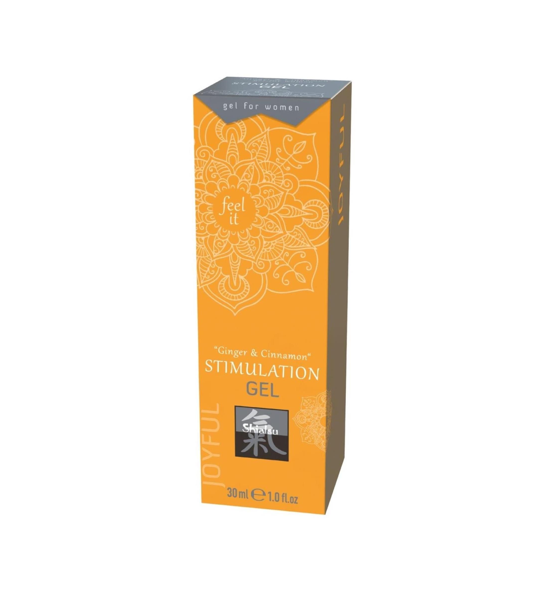 Orangefarbene Produktverpackung mit Aufschrift "Stimulation Gel". Enthält das Logo und die Aufschrift "Ginger & Cinnamon".