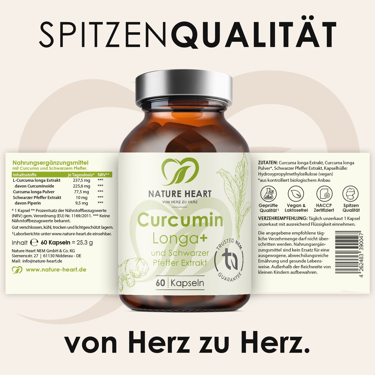 Braune Glasflasche mit Kapseln. Aufschrift: Curcumin Longa+ und 60 Kapseln. Logo: Nature Heart. Text: Spitzenqualität.