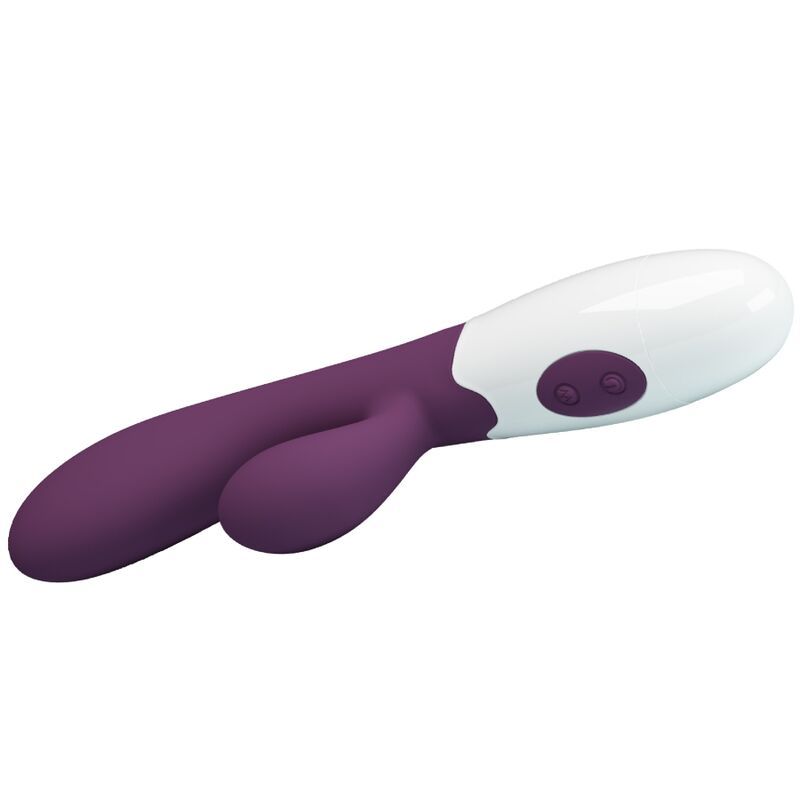 Lila Vibrator mit weißem Kopf. Gebogene Form. Zwei Knöpfe. Schräge Ansicht.