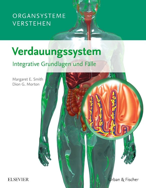 Buchcover: „Organsysteme verstehen - Verdauungssystem“. Titel, Autoren, Illustration des Verdauungssystems. Logos von Elsevier und Urban & Fischer.
