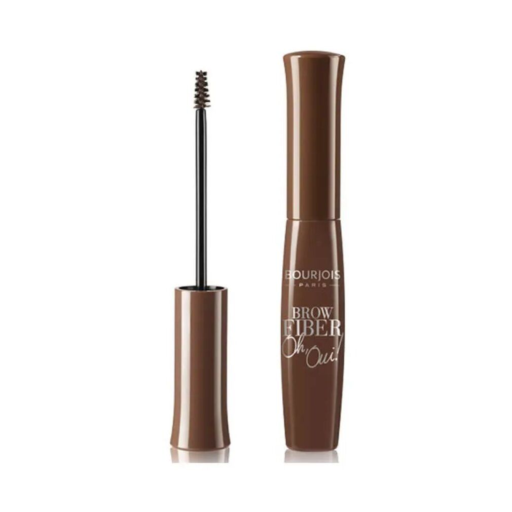 Brauenmascara, braune Tube und Applikator. Aufschrift: Bourjois Brow Fiber Oh Oui!