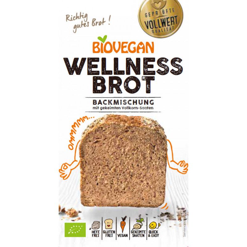 Biovegan Wellness Brot Backmischung. Verpackung mit Brotlaib-Illustration. Enthält Logos für glutenfrei, vegan, gekeimte Saaten und schnelle Zubereitung.